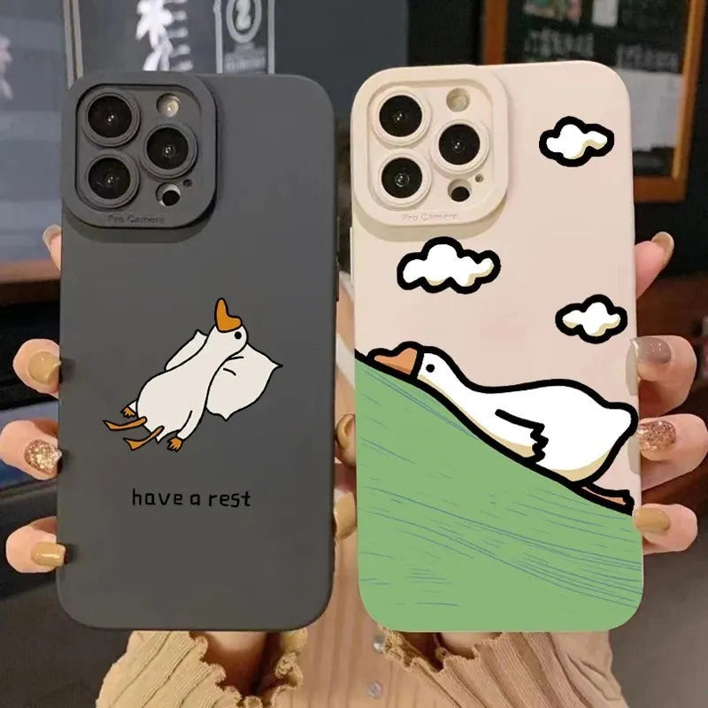 Cute cartoon duck design on a blue silicone case for Apple iPhone