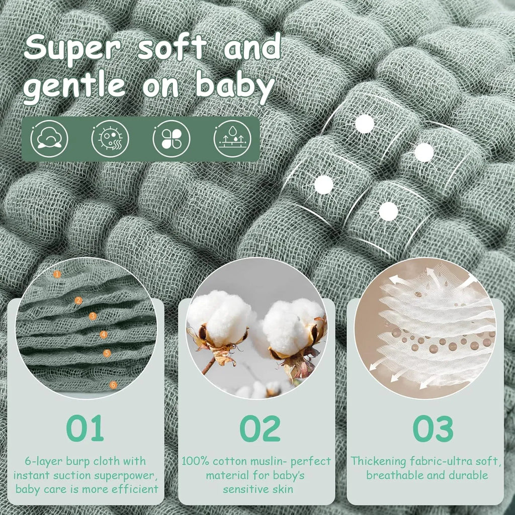 Set of six large muslin burp cloths 25x50cm in assorted colours on white background