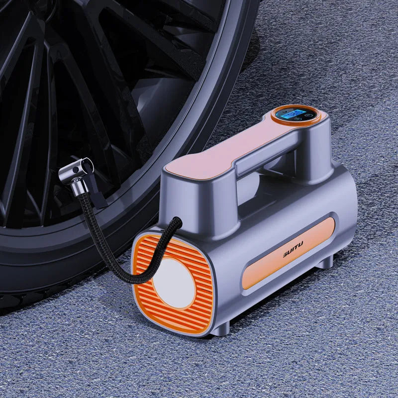 Cordless tyre inflator with digital display and LED light charging via USB