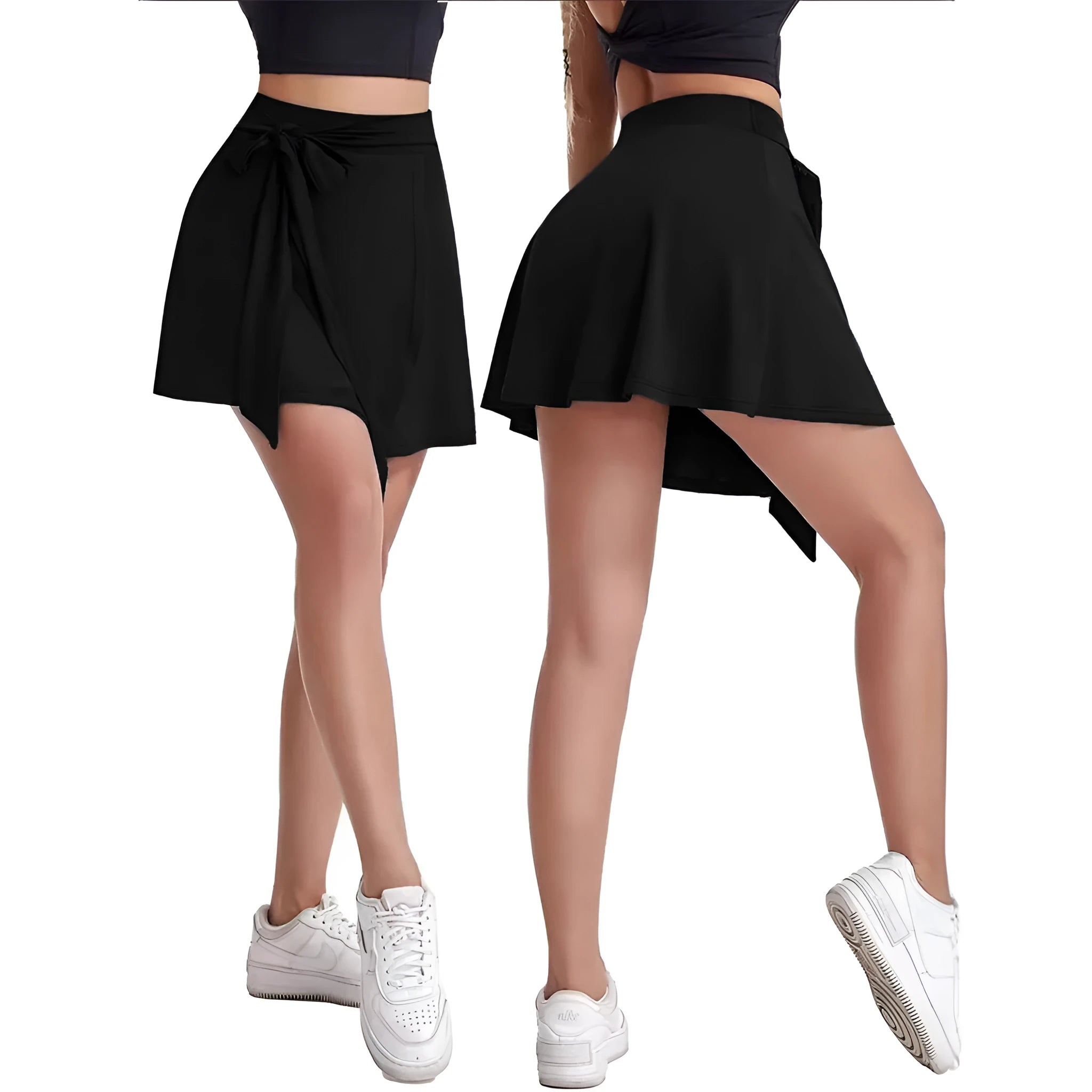 Black thigh-length sports skirt with built-in shorts, shown with high waist and casual Japanese Korean style details.