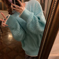 Women's loose retro pullover sweater in lake blue, purple, or pink, showing regular sleeves and a solid colour design.