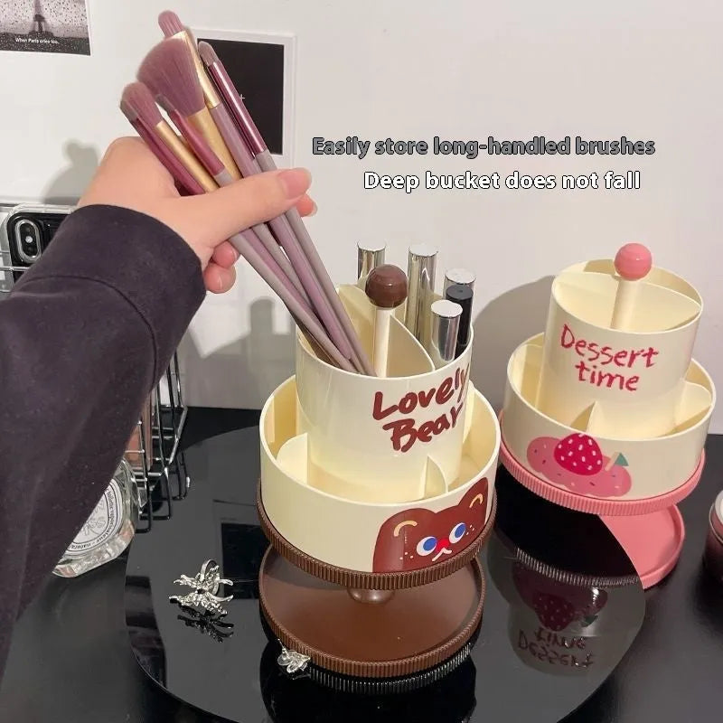 Beige rotating cosmetic brush storage barrel with 18-litre capacity on its storage rack.