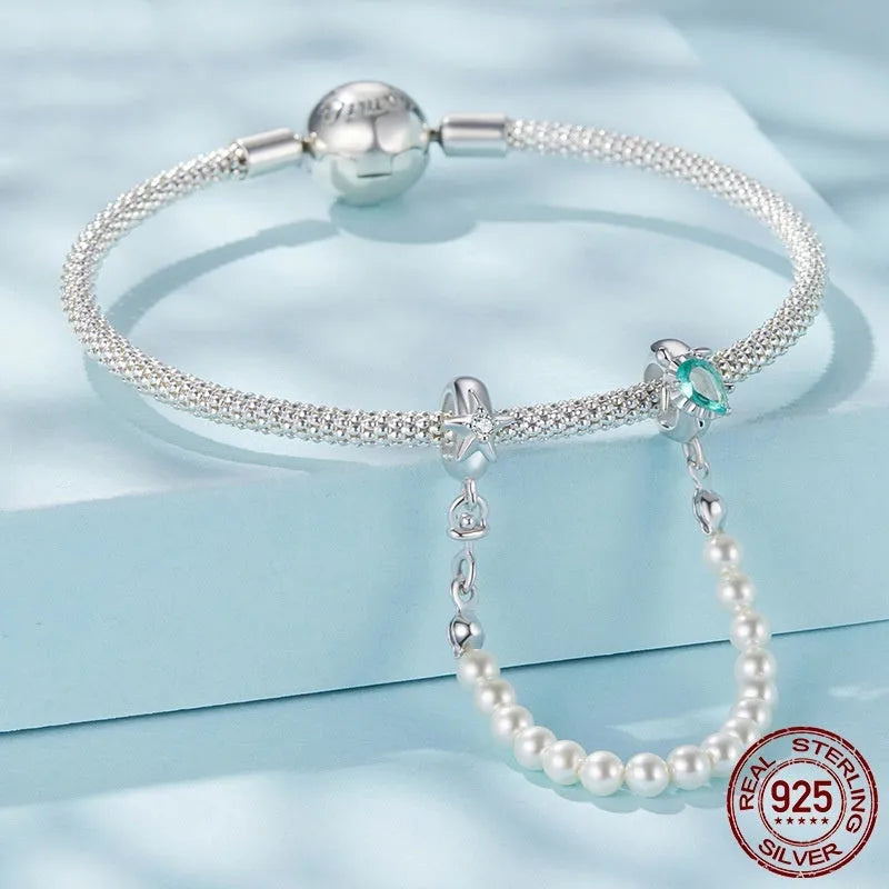 925 sterling silver sea turtle starfish charm bead with 5cm chain length on white background