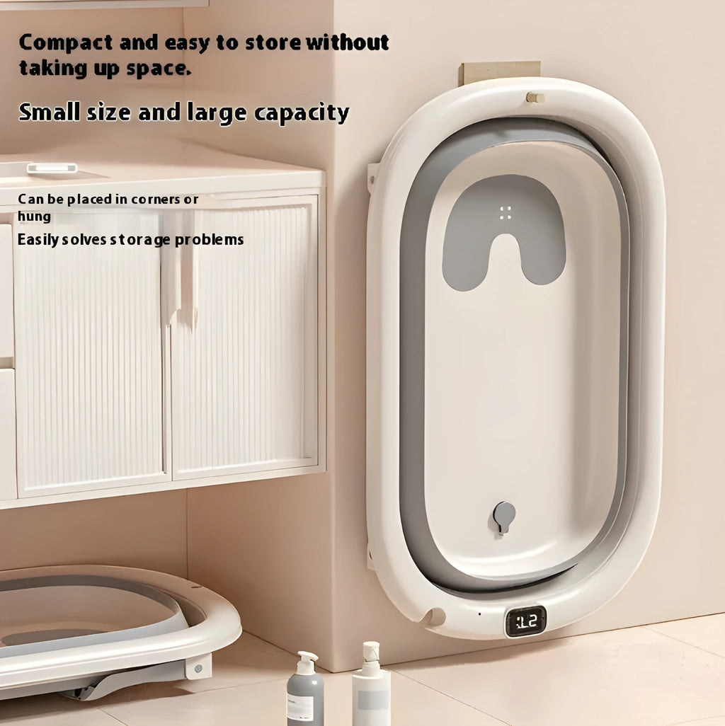 Folding baby bathtub with digital temperature display in Volcanic Ash colour, PP TPE material, large capacity infant bath