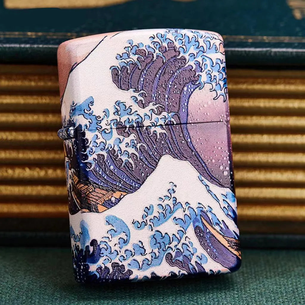 Coloured lacquer windproof lighter with Kanagawa surf design, steel inner liner, copper housing