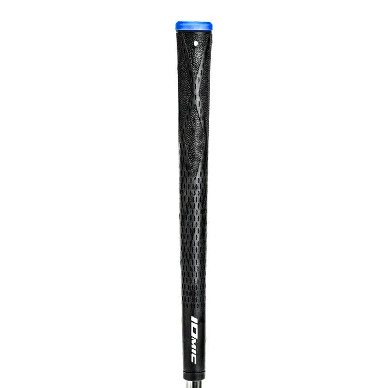 TPE golf club grip in assorted colours including pink, red, and black with blue head on a club shaft.