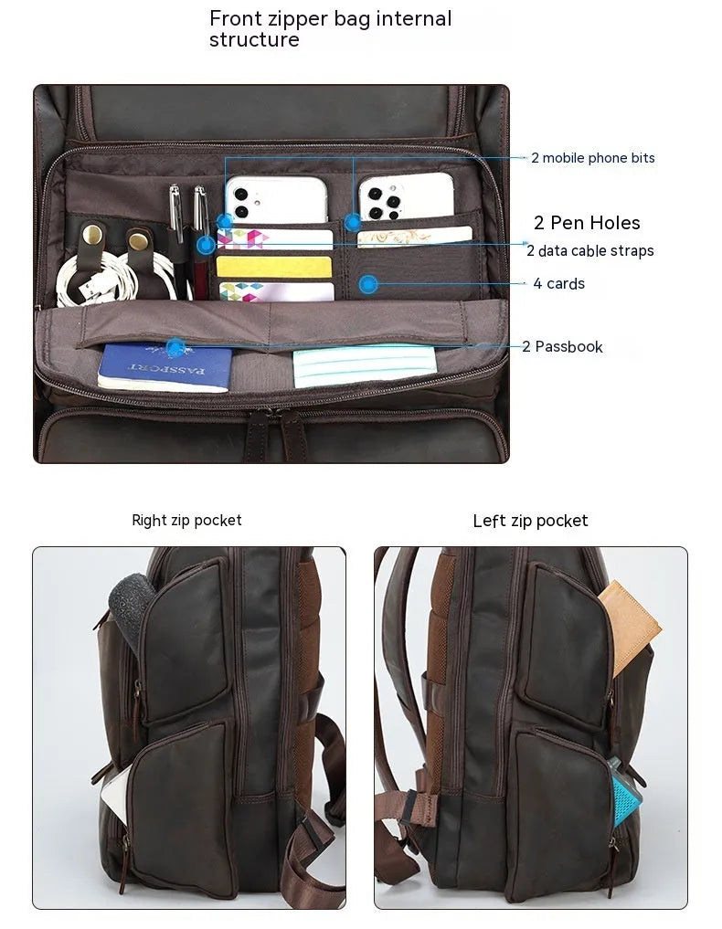 Dark brown Retro Crazy Horse leather backpack for men with a 17-inch laptop compartment open.