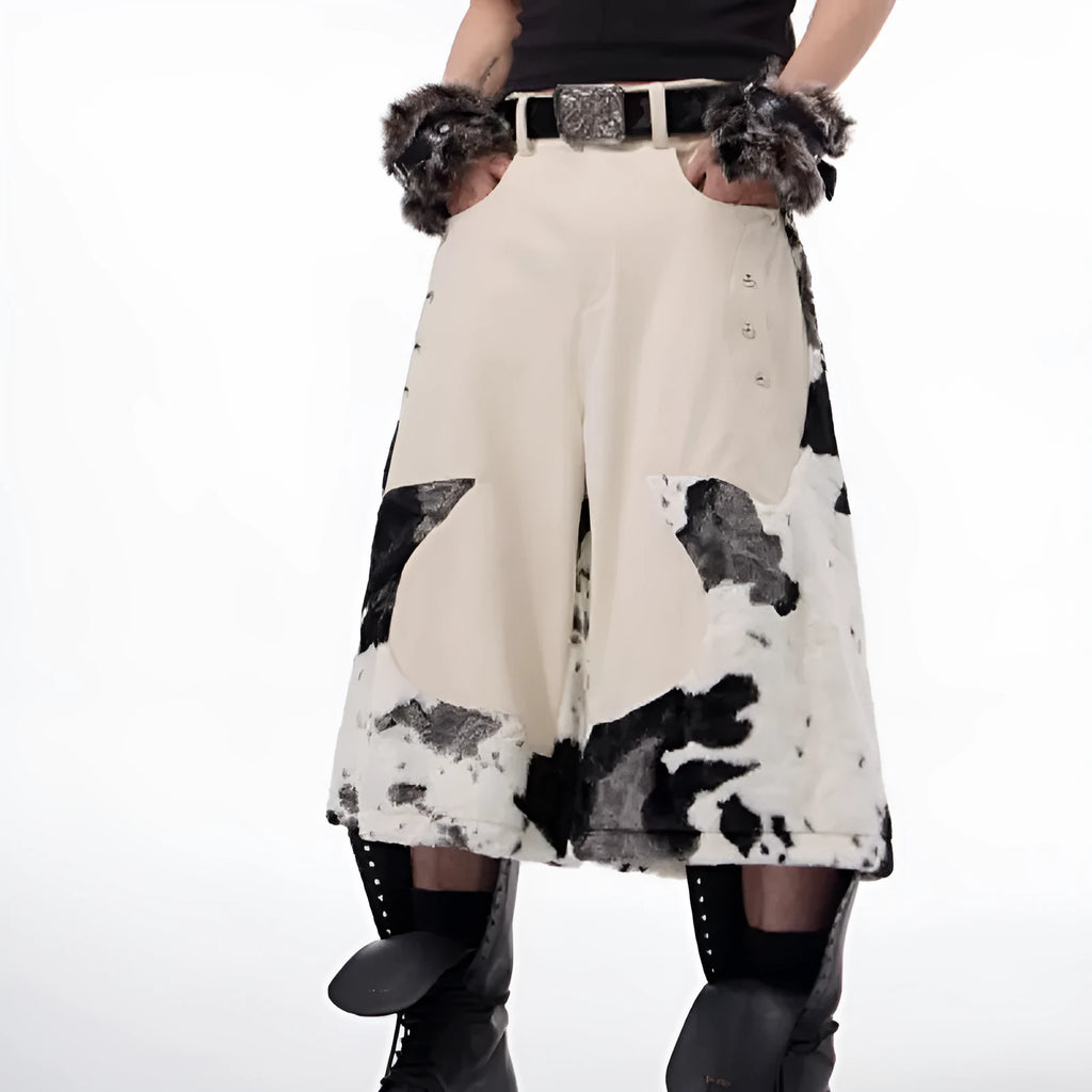 Milk fibre fur cropped trousers with personalised check pattern in a city fashion style.