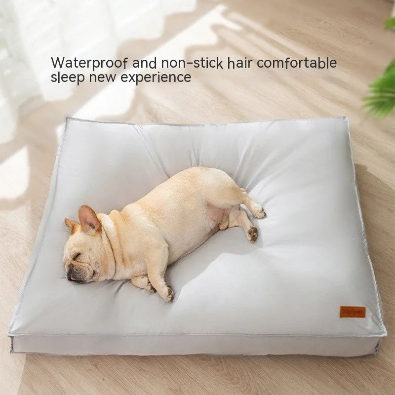 Waterproof dog bed mat in grey with removable washable cover, PP cotton padding, and non-slip bottom, size S to 2XL