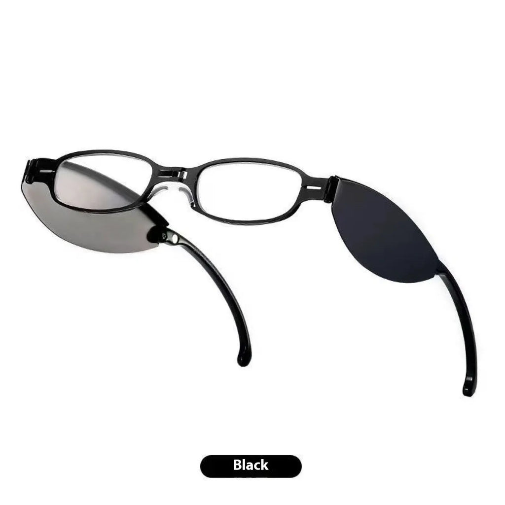 Folding presbyopic reading glasses in black frame shown open and folded with protective case