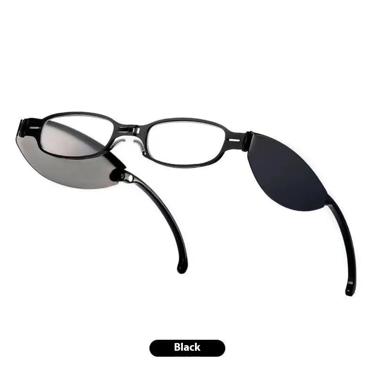 Folding presbyopic reading glasses in black frame shown open and folded with protective case