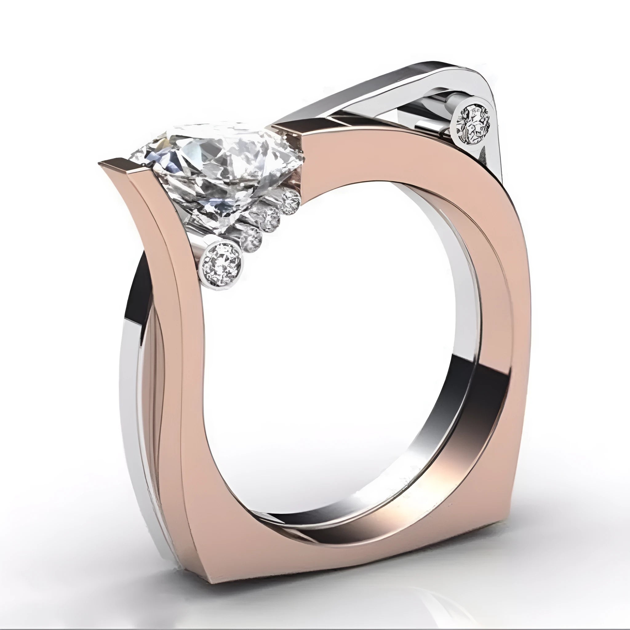 Geometric couple ring with zircon stone in rose gold on a grey background.