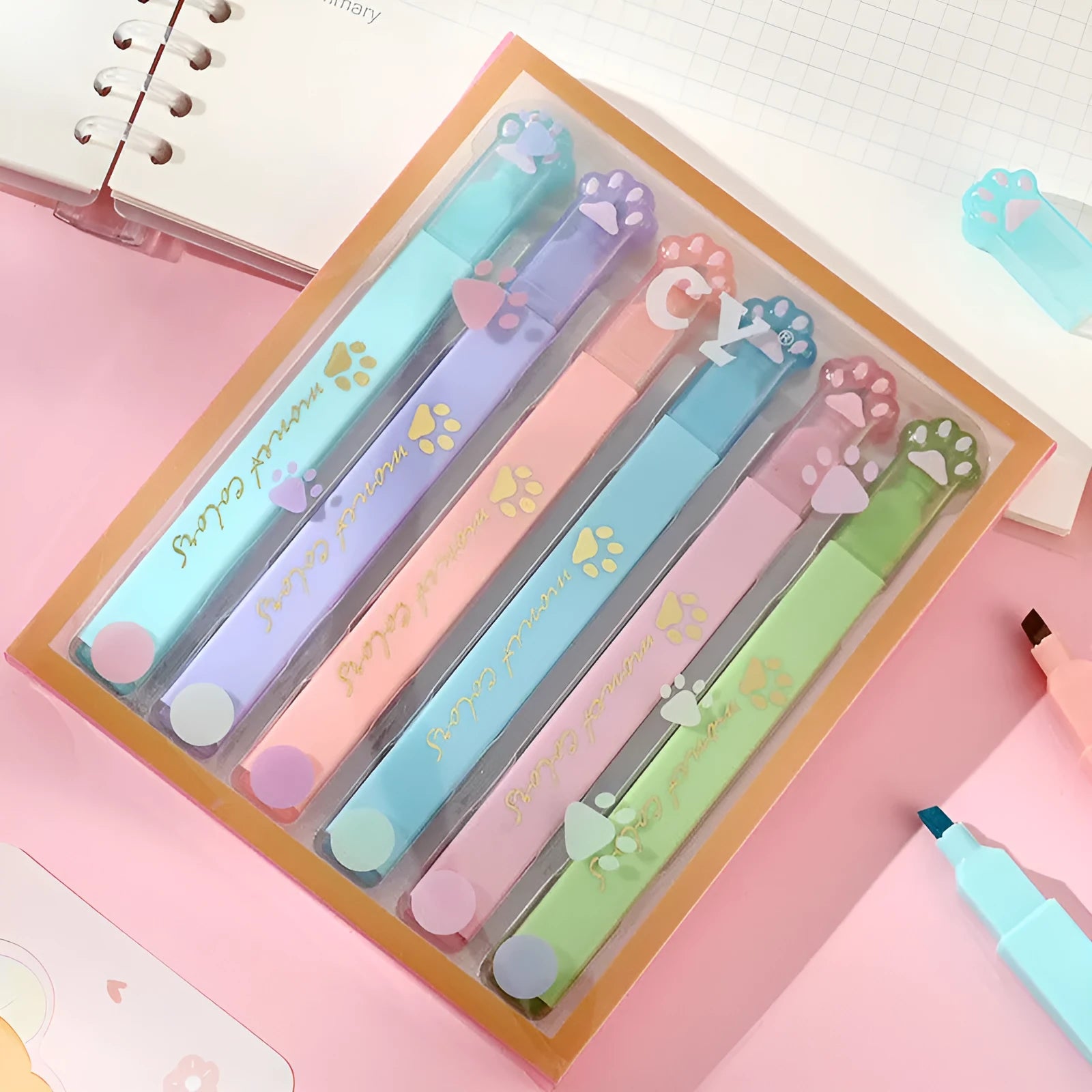 Box of Cat's Paw fluorescent marking pens with oblique heads in six different colours.