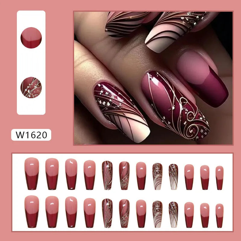 French line pattern false nails and adhesive glue on white background.