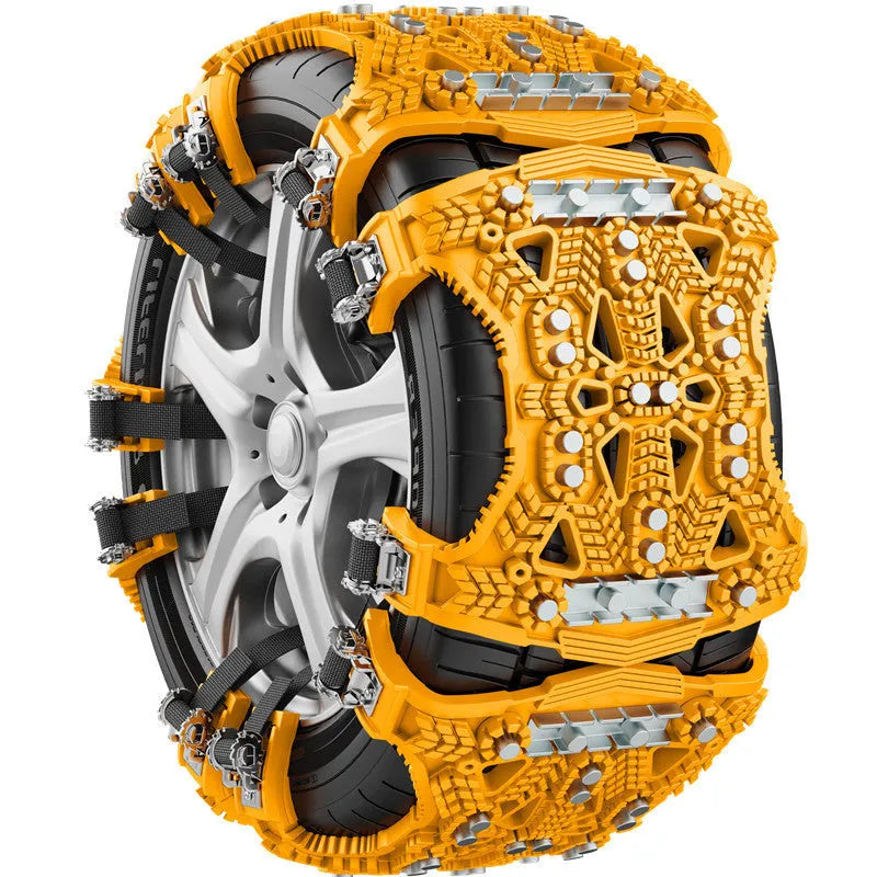 Universal tyre chain set with steel plates for cars and SUVs including tools and gloves