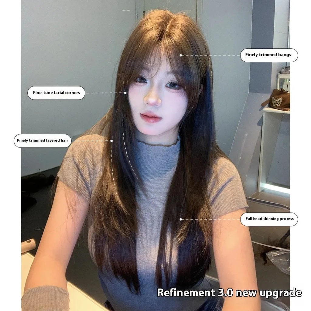 Women's layered long straight synthetic wig in cold brown colour with full-head construction