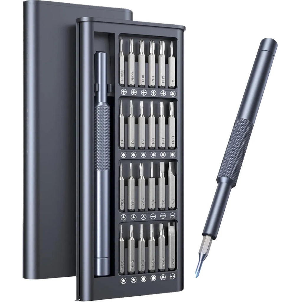 25-in-one magnetic precision screwdriver set with knurled black handle and multiple bits.