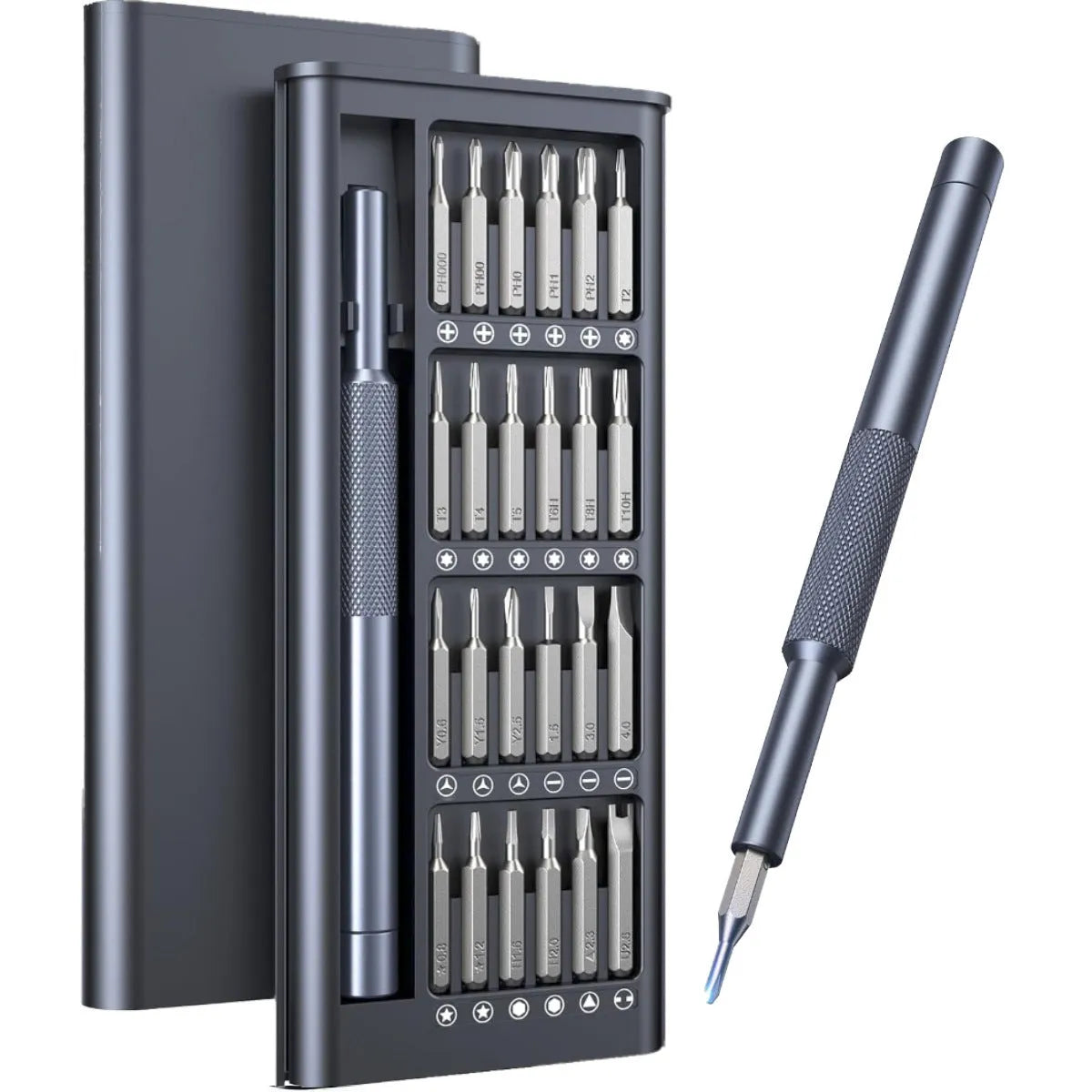 25-in-one magnetic precision screwdriver set with knurled black handle and multiple bits.