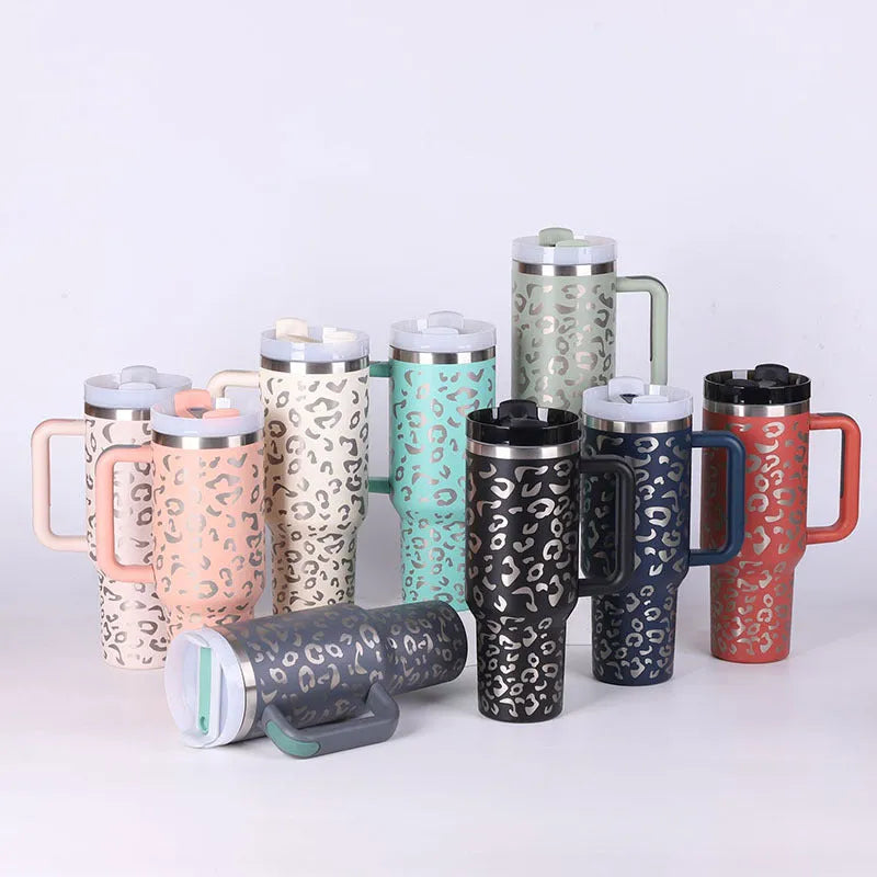 40oz stainless steel insulated tumbler with handle, straw, spill-proof lid, 1200ml capacity, in assorted colours