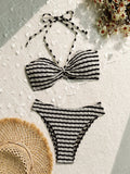 Women's striped printed bikini swimsuit set in pink, polyester, sleeveless top, brief bottom, for swimming and wading