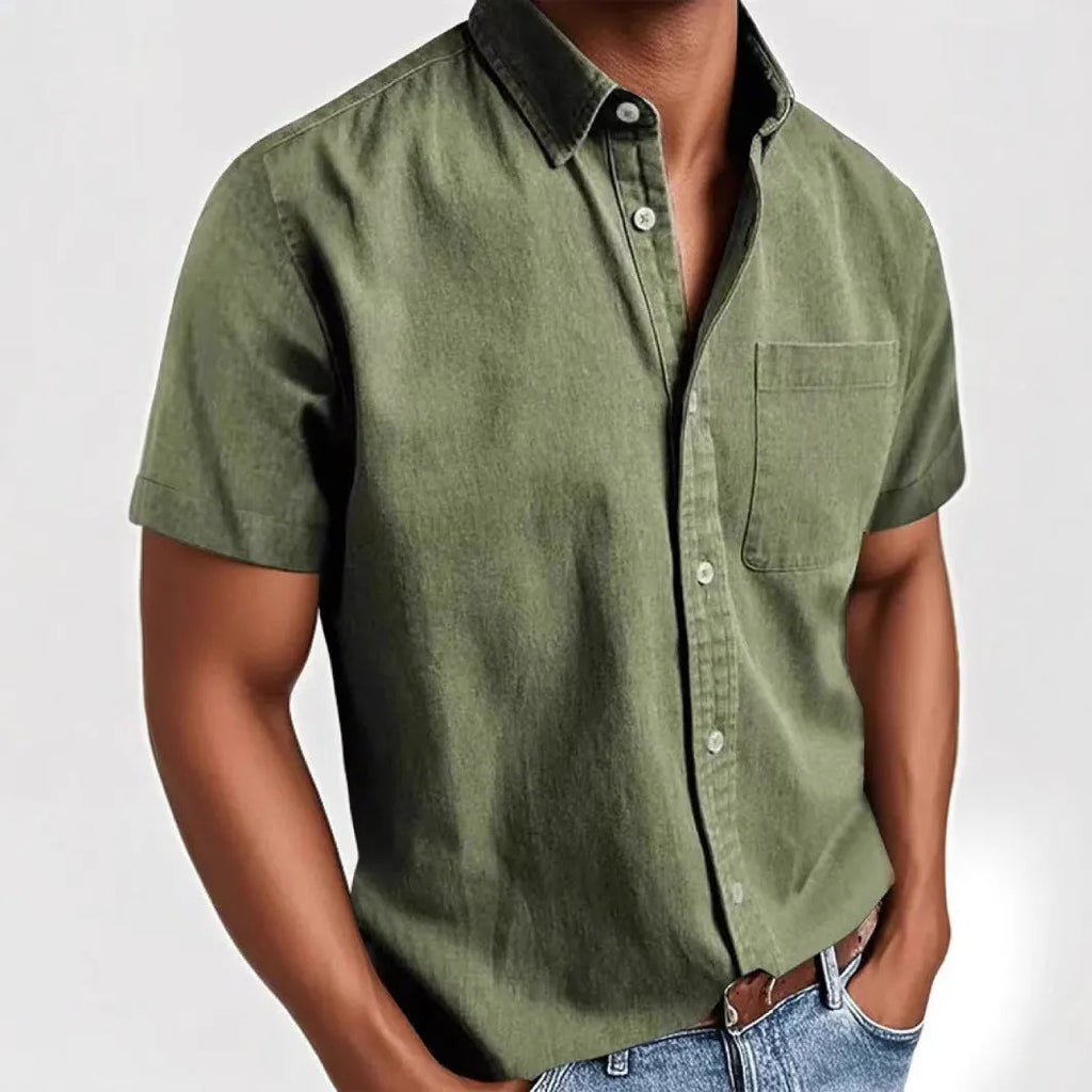 Men's loose fit short sleeve cardigan-style shirt in a cotton blend fabric, shown in a neutral colour.