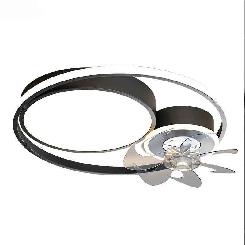 Nordic style 48cm ceiling fan with integrated light fitting, metal blades, acrylic lampshade.