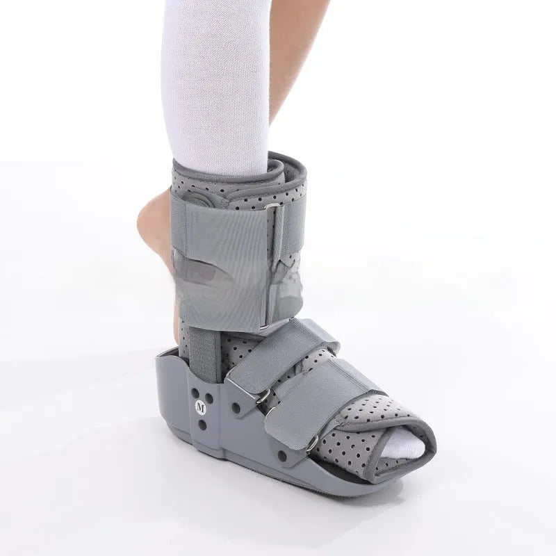Black Achilles tendon rehabilitation walking aid shoes with adjustable ankle straps and aluminium footplate