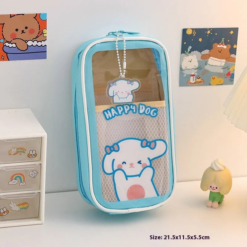 Transparent PVC pencil case with large capacity, featuring a cute Korean-style cartoon bear design.