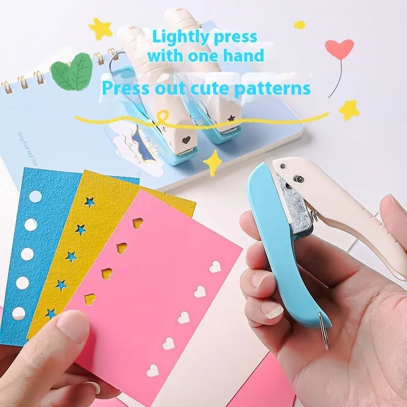 Manual craft punching machine showing love, star, and round hole shapes for paper.
