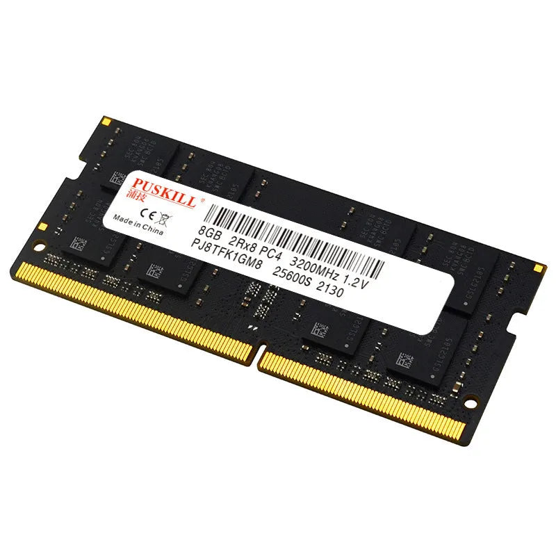 A single DDR4 SODIMM laptop memory module for RAM upgrade, showing gold contacts and label with capacity/speed.