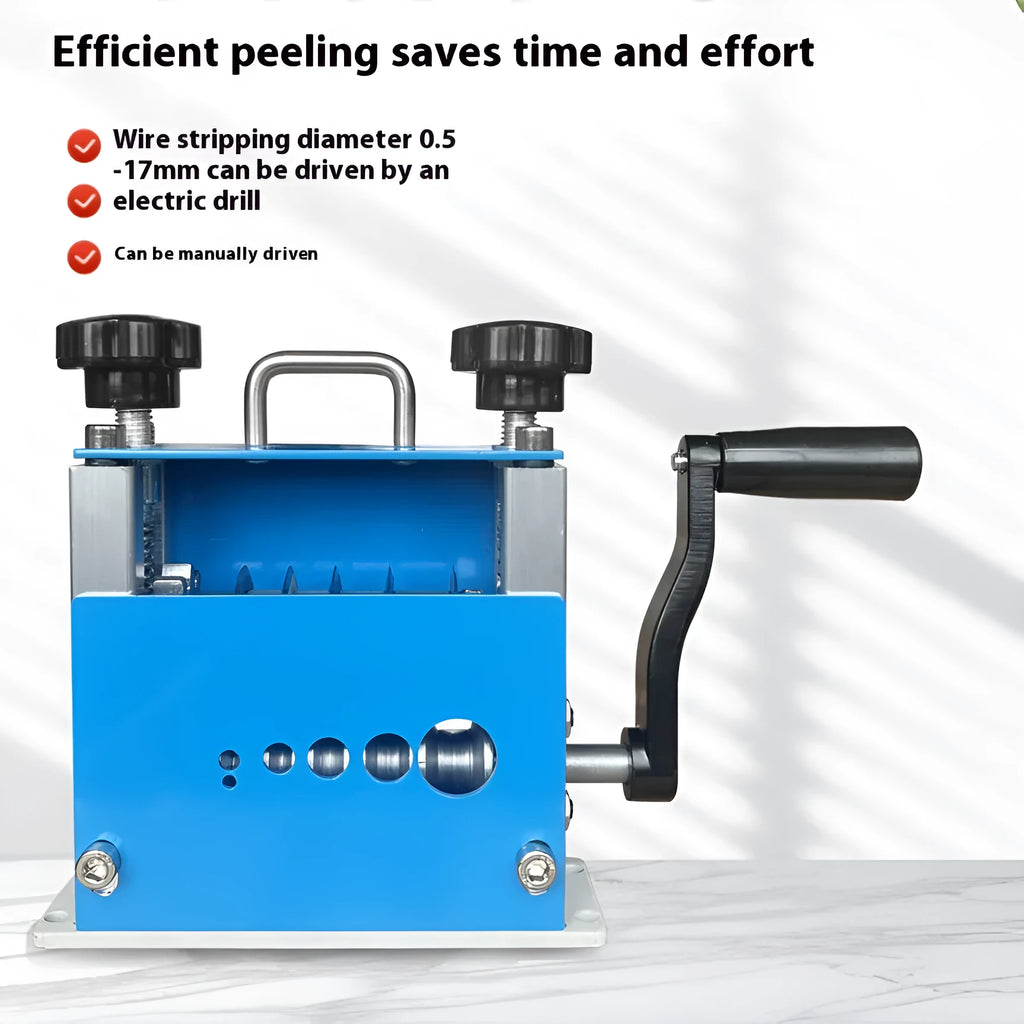 SD-017 manual wire stripping machine with crank handle on a workbench, showing scale against a cable.