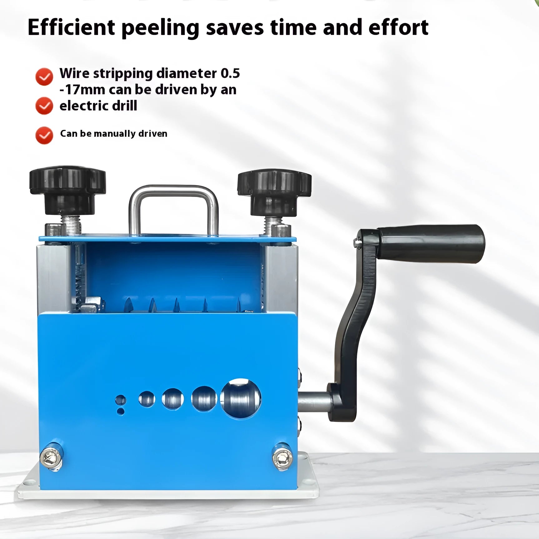 SD-017 manual wire stripping machine with crank handle on a workbench, showing scale against a cable.