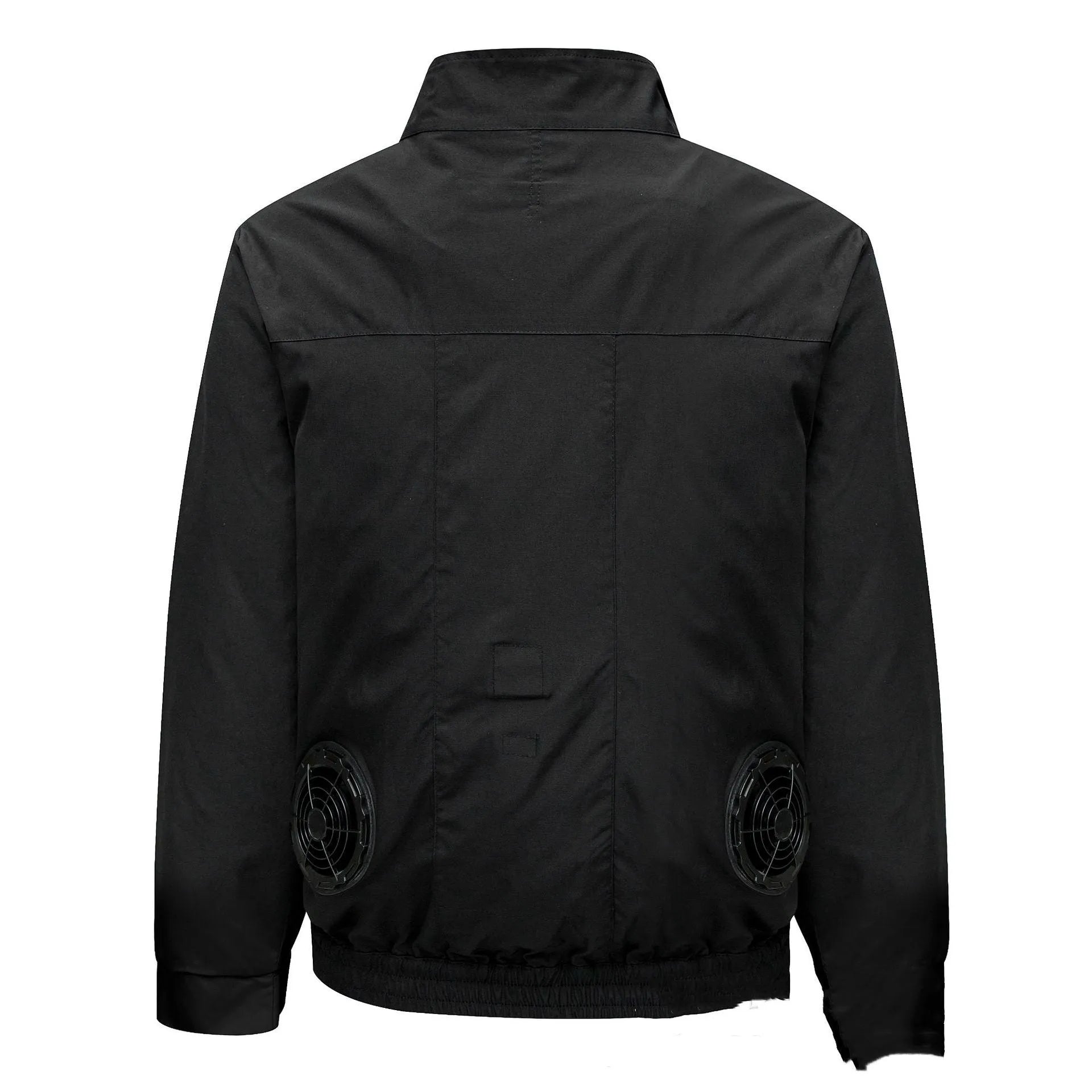 Men's black smart air conditioning jacket with ventilation holes for a portable fan, laid flat.