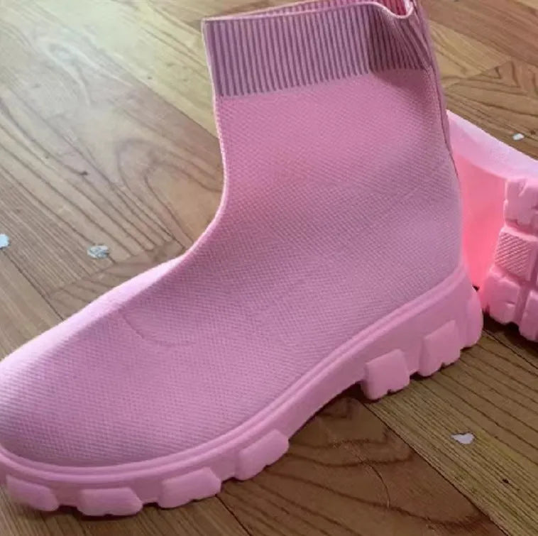 Women's low heel ankle boots with mesh upper and round toe, shown in black, dark khaki, pink, and purple