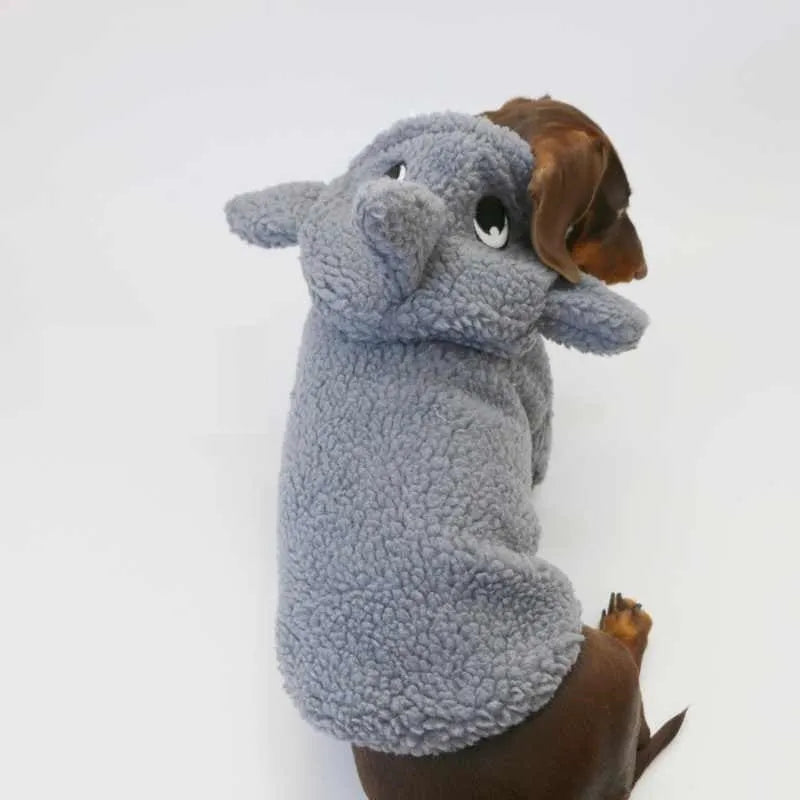Grey shark fleece-lined hooded pet sweater for small dogs and cats on a plain background