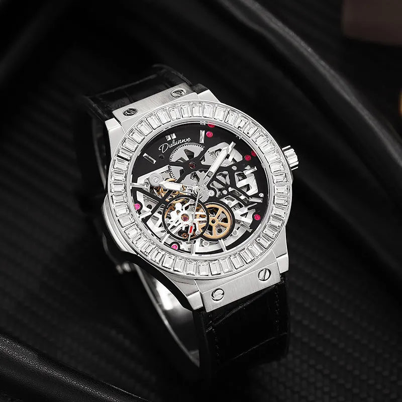 Automatic men's watch with diamond studded hollow dial in a white case.