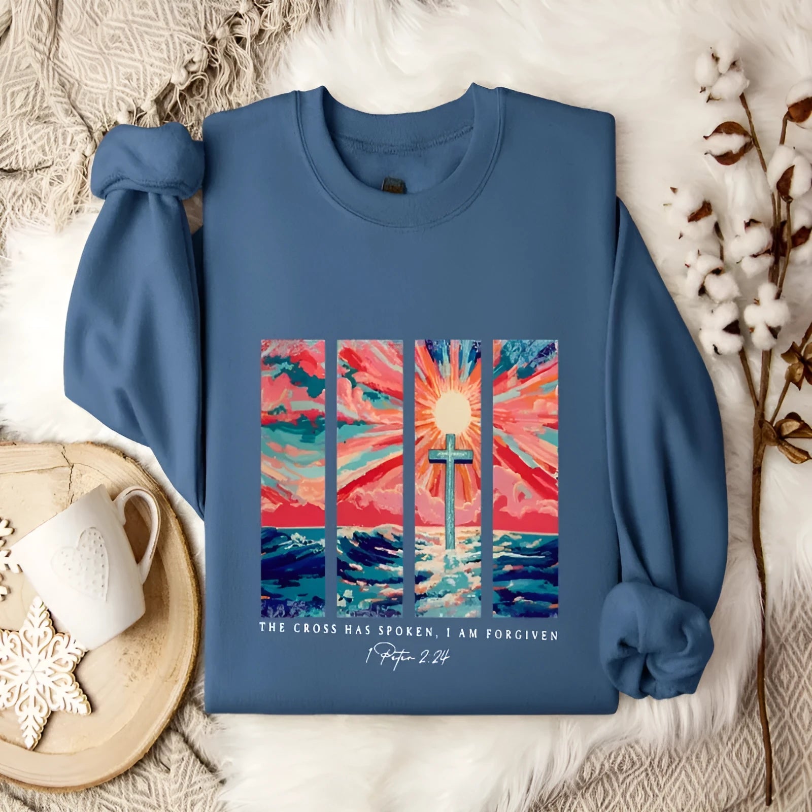 Blue plus size drop-shoulder street fashion printed sweater displayed flat