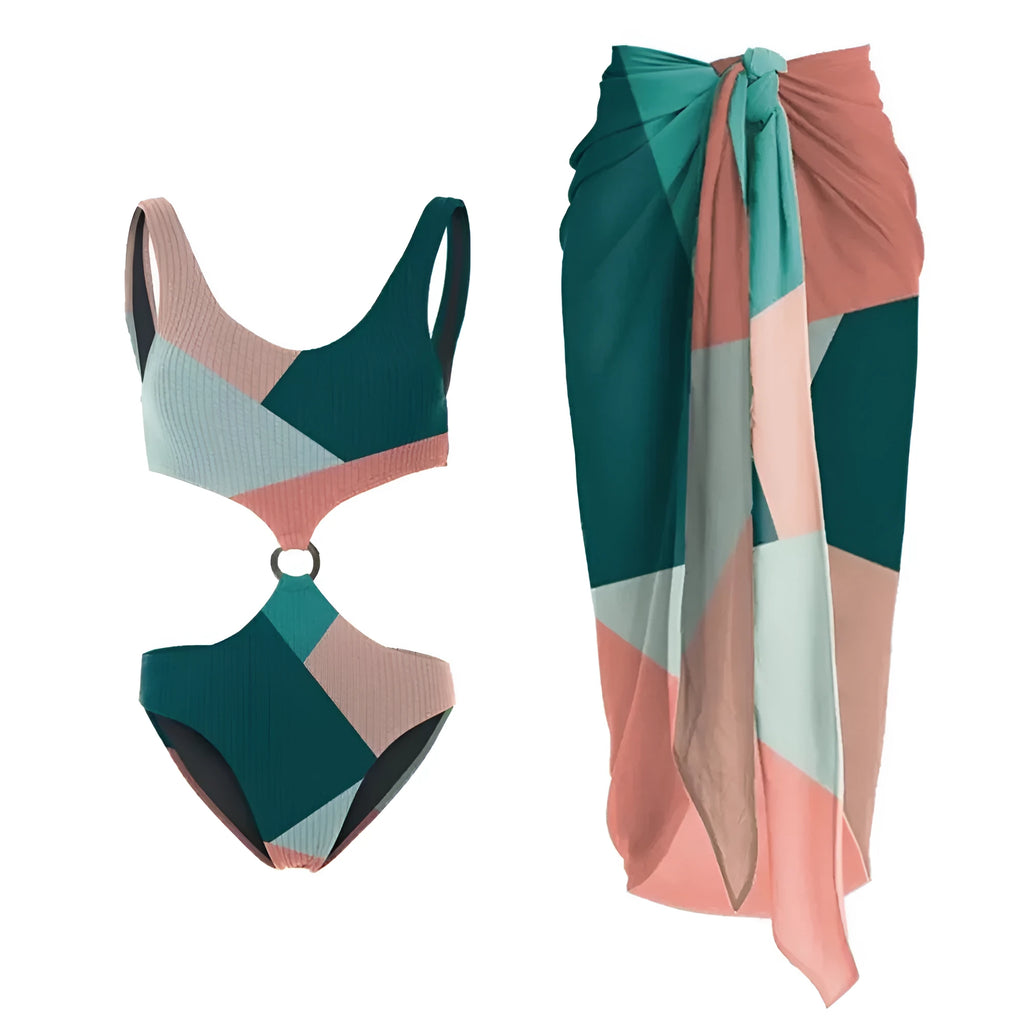 Two-piece contrast colour bikini set with mesh gauze skirt, backless European style design