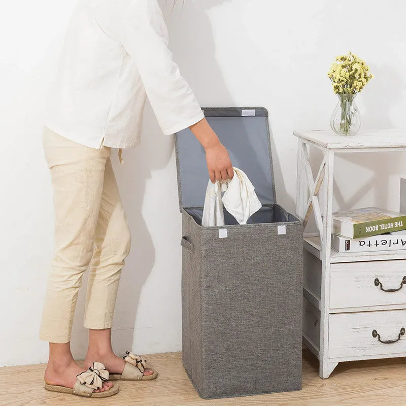 Brown foldable three-dimensional fabric storage basket with cotton linen material, shown upright and collapsed flat.