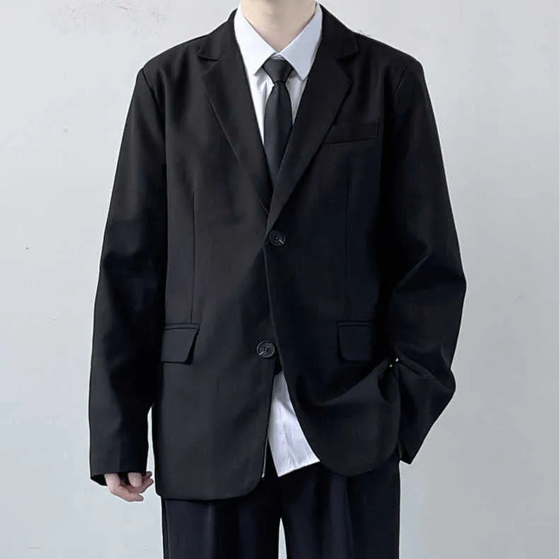 Men's plus size college style suit set with jacket, trousers, white shirt, and tie in polyester fabric