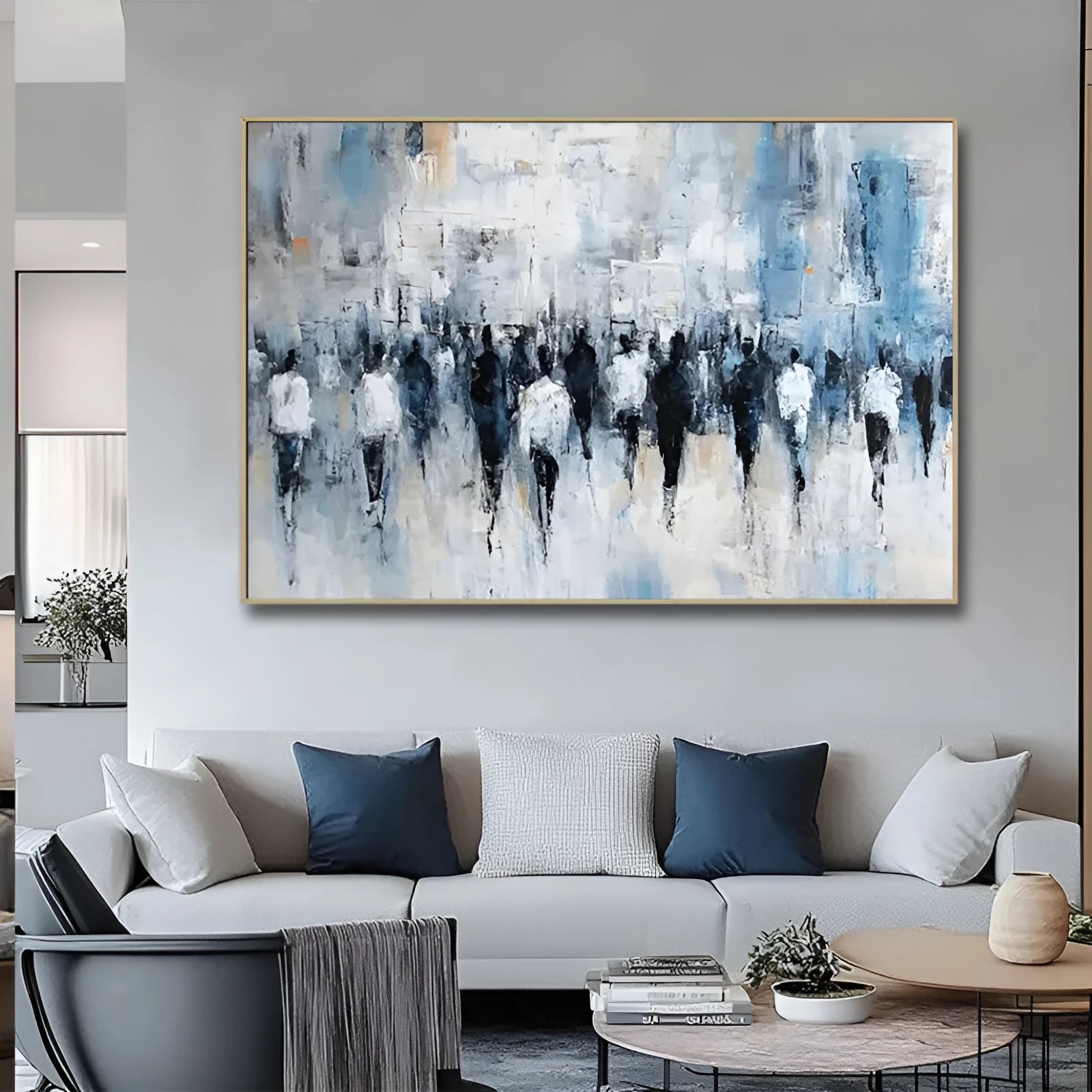 Hand-painted oil painting on canvas – abstract street people texture, horizontal modern style, rolled frameless