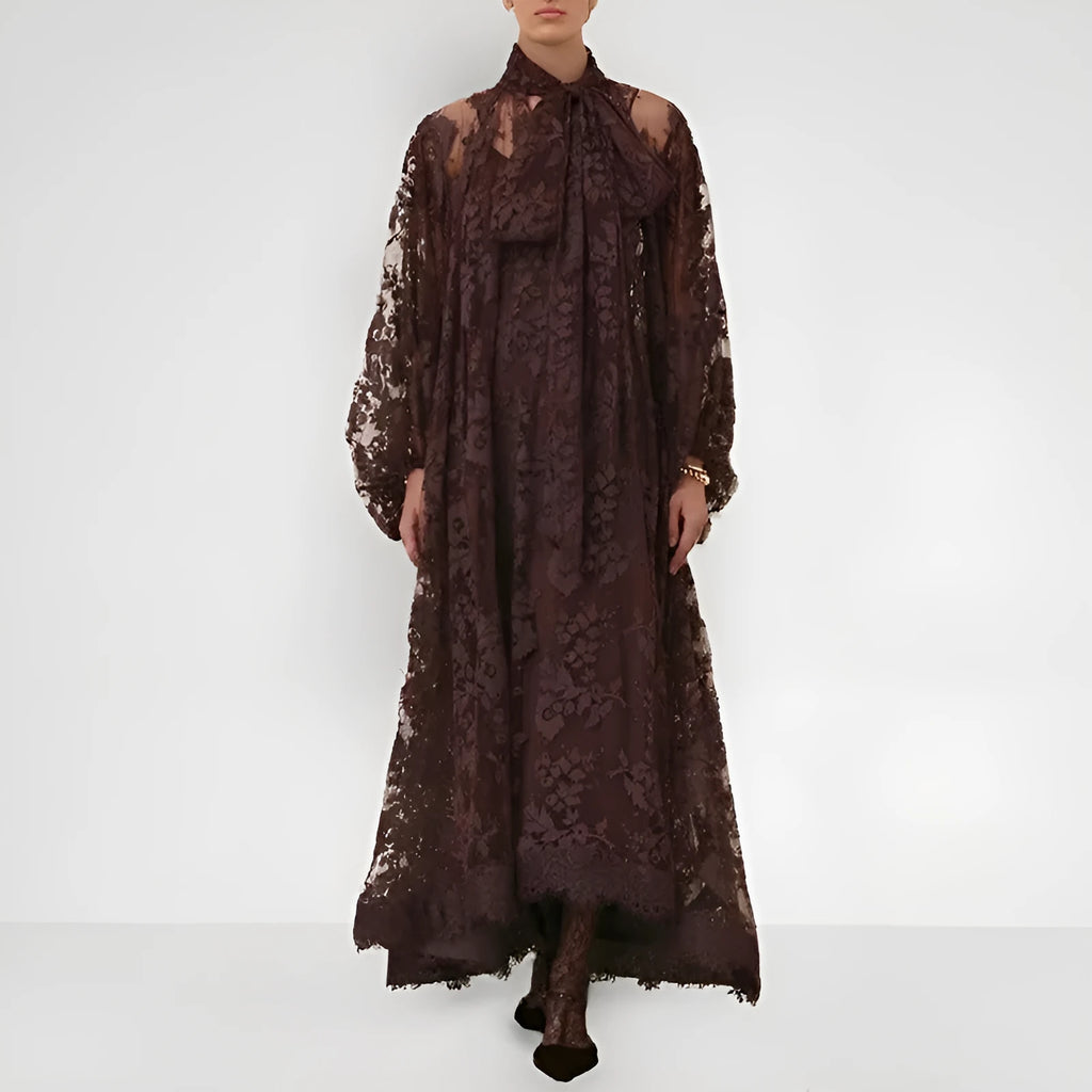 Hollow jacquard lace see-through ribbon A-line long dress with lantern sleeves, polyester, brown apricot purple
