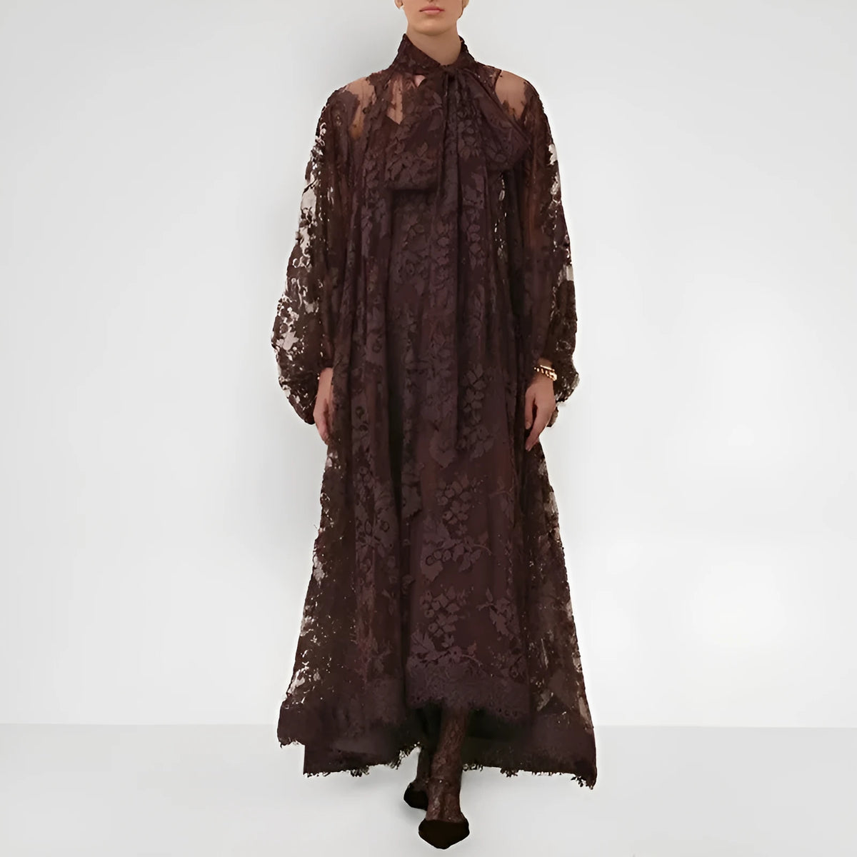 Hollow jacquard lace see-through ribbon A-line long dress with lantern sleeves, polyester, brown apricot purple
