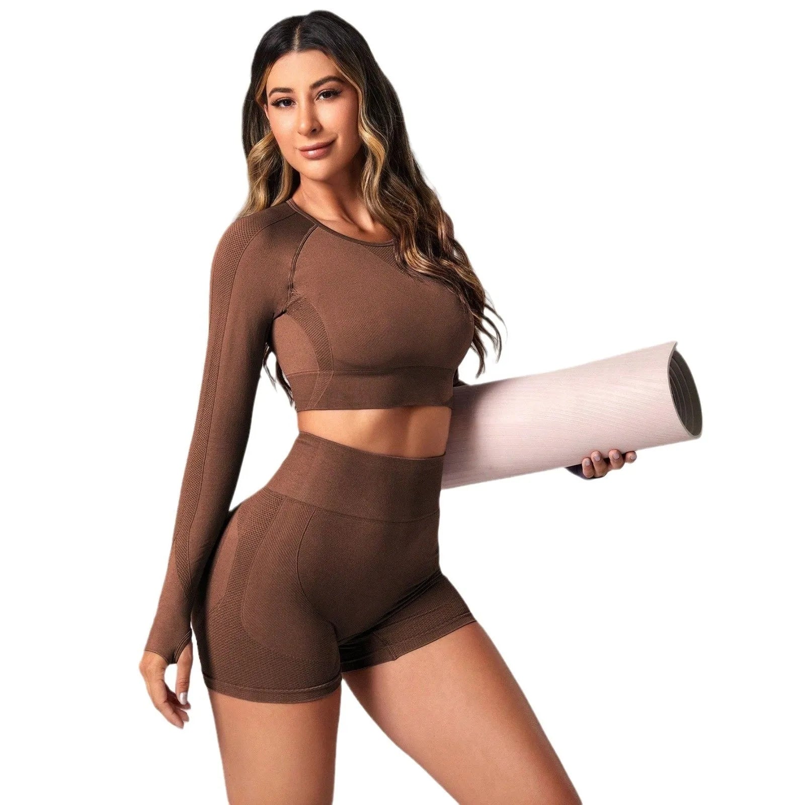 Women's high waist yoga suit in black, brown, or purple with long sleeves and quick-dry fabric