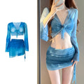 Blue women's high-waist bikini four-piece set showing shirt, bra, briefs, and skirt laid flat.