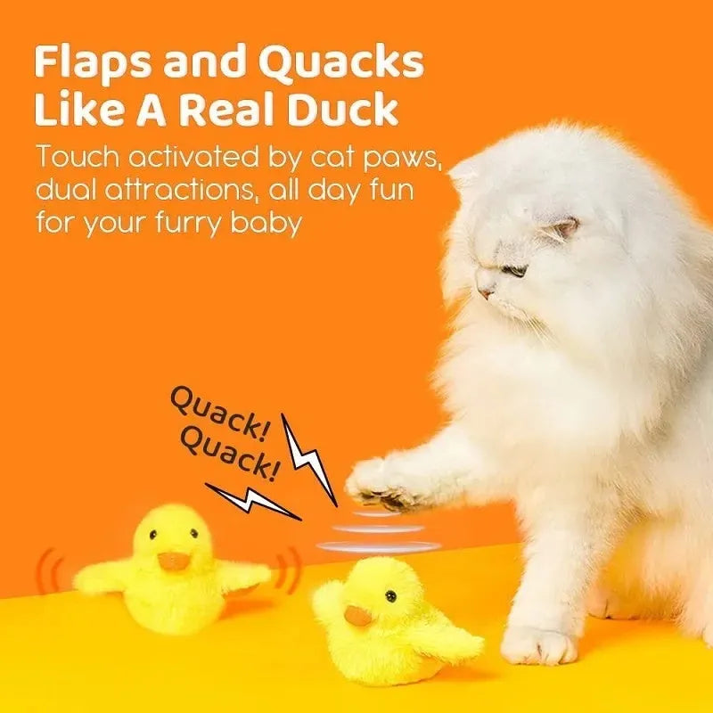 Yellow chick-shaped flapping duck cat toy with USB charging cable