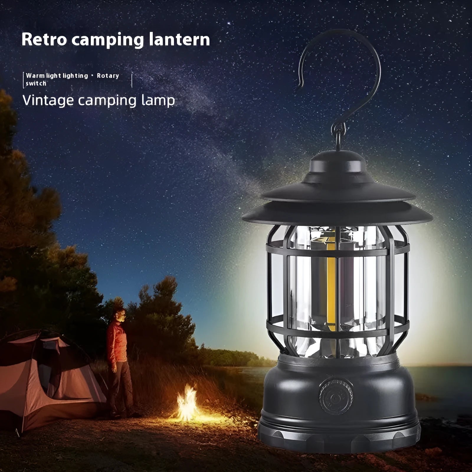Portable camping lantern in black, red or dark green with dimensions 16.6cm x 6.7cm x 9.6cm