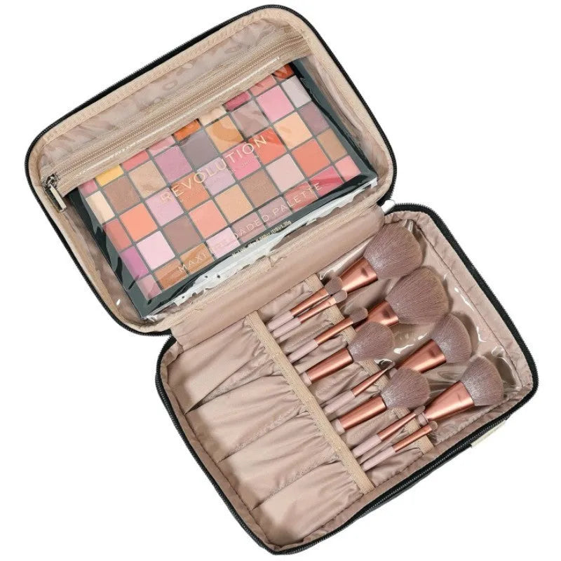 Portable double layer cosmetics bag in peach fabric leather, available in black and pink for home storage
