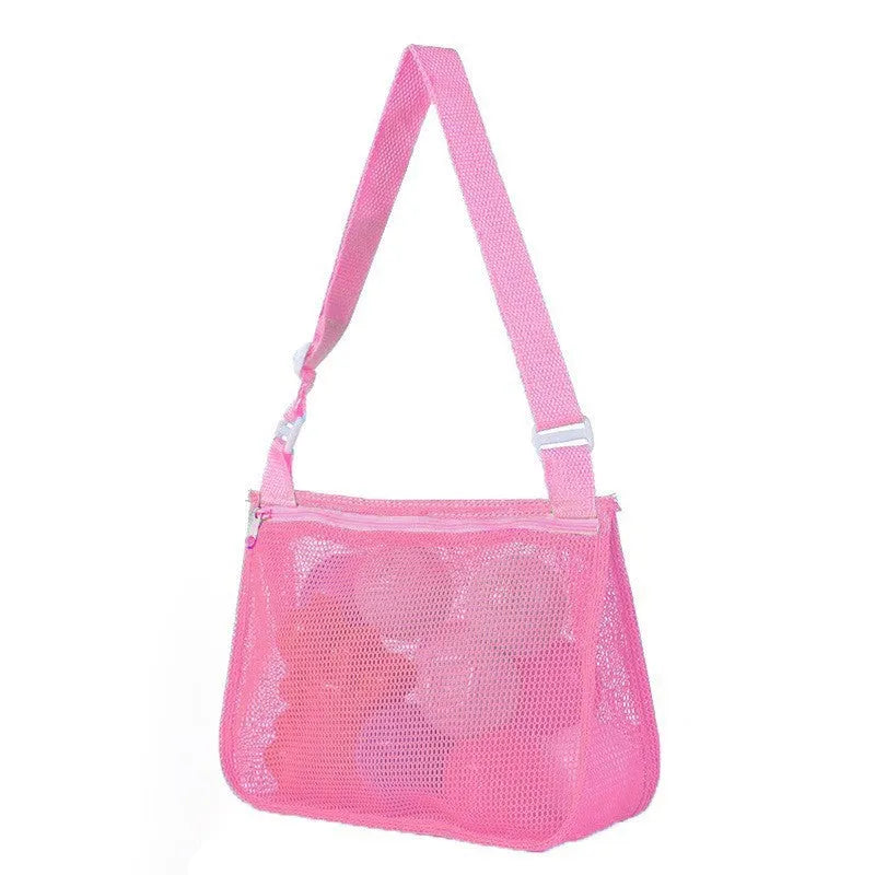 Blue nylon mesh travel storage bag with black handle and zip seal for children's clothing organisation