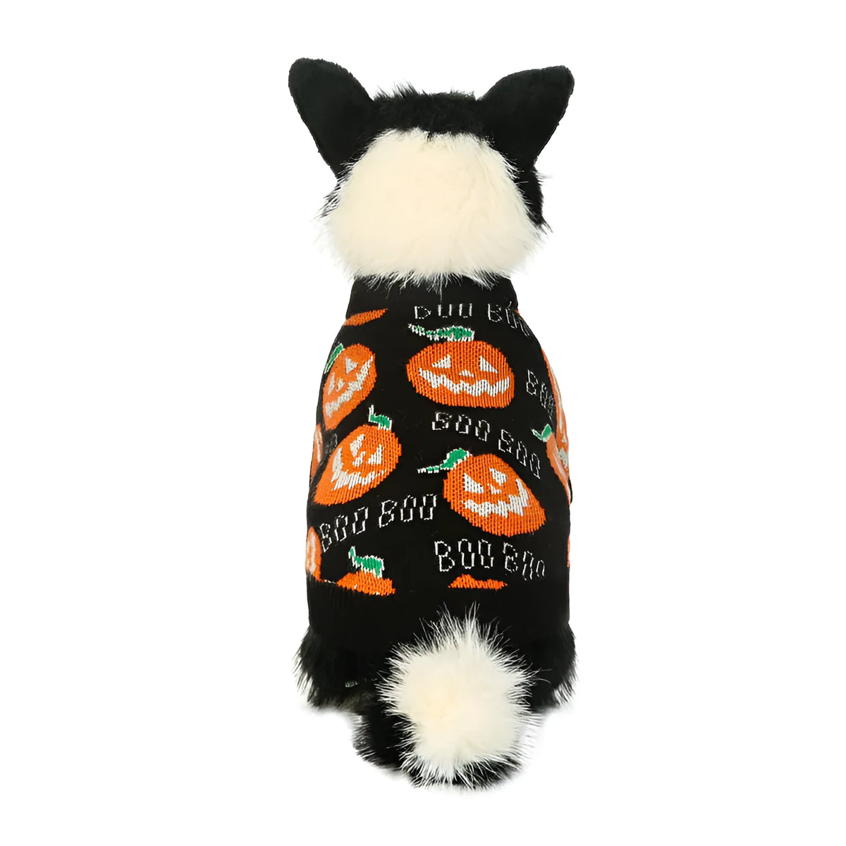 Black dog sweater with orange pumpkin pattern for Halloween pet costumes